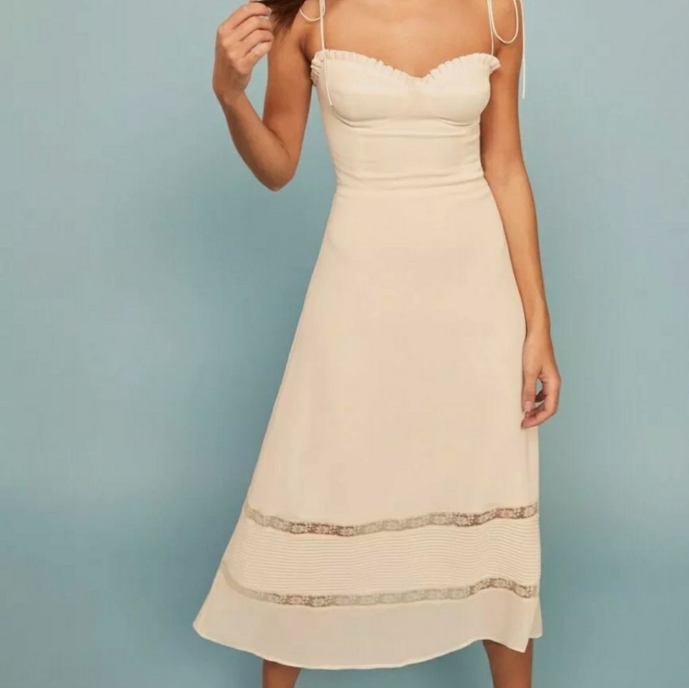 Reformation Ronan Pleated Smocked Ivory Midi Dress